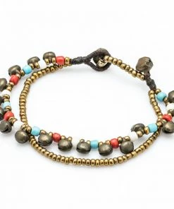 HaremPants.com Brass Bell And Multi Bead Double Strand Bracelets Red Harem Pants