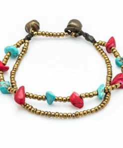 HaremPants.com Brass Bead And Red/Turquoise Stone Double Strand Bracelets Red Harem Pants