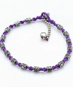 HaremPants.com Hand Made Fair Trade Anklet Waxed Cotton Silver Beads Purple Purple Harem Pants