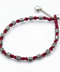 HaremPants.com Hand Made Fair Trade Anklet Waxed Cotton Silver Beads Maroon Handmade Anklets