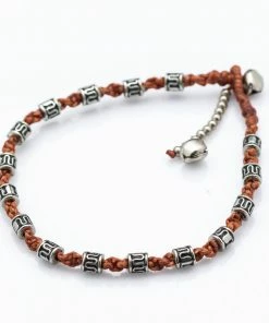 HaremPants.com Handmade Anklets Hand Made Fair Trade Anklet Waxed Cotton Silver Beads Brown