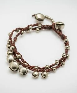 HaremPants.com Silver Color Bell Waxed Cotton Bracelets In Brown Handmade Bracelets