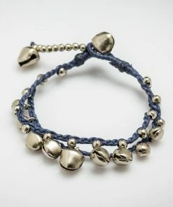 HaremPants.com Silver Color Bell Waxed Cotton Bracelets In Blue