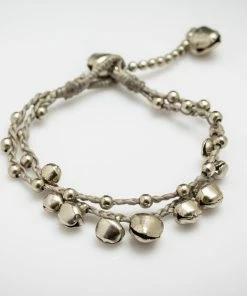 HaremPants.com Handmade Bracelets Silver Color Bell Waxed Cotton Bracelets In Gray