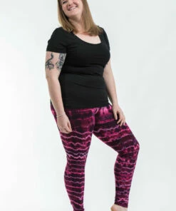 HaremPants.com Plus Size Melting Stripes Tie Dye Cotton Leggings In Magenta