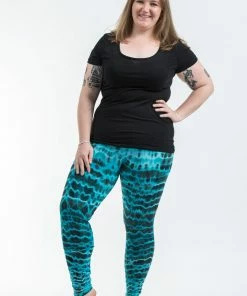 HaremPants.com Plus Size Melting Stripes Tie Dye Cotton Leggings In Turquoise Women's