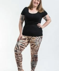 HaremPants.com Plus Size Swirls Tie Dye Cotton Leggings In Light Brown