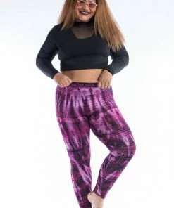 HaremPants.com Plus Size Lightning Stripes Tie Dye Cotton Leggings In Purple Women's
