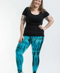 HaremPants.com Plus Size Lightning Stripes Tie Dye Cotton Leggings In Turquoise Women's