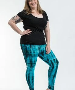 HaremPants.com Plus Size Lightning Stripes Tie Dye Cotton Leggings In Turquoise Women's