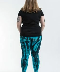 HaremPants.com Plus Size Lightning Stripes Tie Dye Cotton Leggings In Turquoise Women's