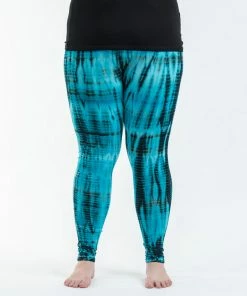 HaremPants.com Plus Size Lightning Stripes Tie Dye Cotton Leggings In Turquoise Women's
