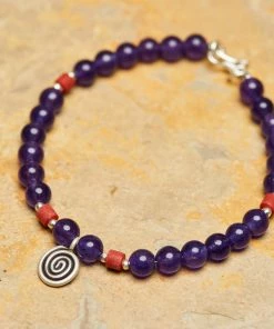 HaremPants.com Hand Made Tibetan Spiral Mala With Coral And Amethyst Beads Bracelet