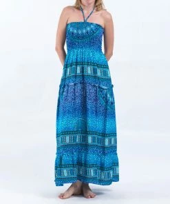 HaremPants.com Women's Tribal Chakras Smocked Bandeau Maxi Dress In Blue