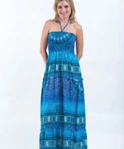 HaremPants.com Women's Tribal Chakras Smocked Bandeau Maxi Dress In Blue