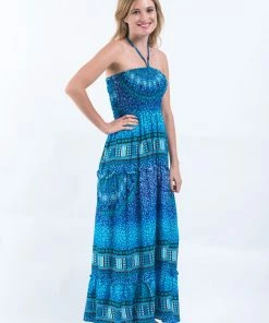 HaremPants.com Women's Tribal Chakras Smocked Bandeau Maxi Dress In Blue