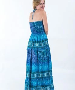 HaremPants.com Women's Tribal Chakras Smocked Bandeau Maxi Dress In Blue