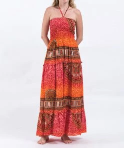 HaremPants.com Tribal Chakras Smocked Bandeau Maxi Dress In Orange