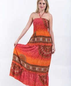 HaremPants.com Tribal Chakras Smocked Bandeau Maxi Dress In Orange