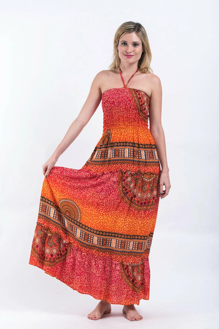HaremPants.com Tribal Chakras Smocked Bandeau Maxi Dress In Orange 3 HaremPants.com Tribal Chakras Smocked Bandeau Maxi Dress In Orange