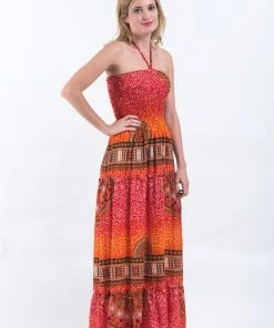 HaremPants.com Tribal Chakras Smocked Bandeau Maxi Dress In Orange 9 HaremPants.com Tribal Chakras Smocked Bandeau Maxi Dress In Orange
