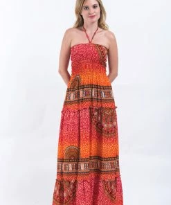 HaremPants.com Tribal Chakras Smocked Bandeau Maxi Dress In Orange 11 HaremPants.com Tribal Chakras Smocked Bandeau Maxi Dress In Orange