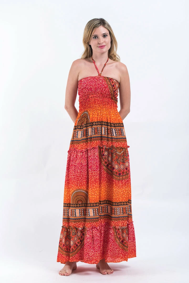 HaremPants.com Tribal Chakras Smocked Bandeau Maxi Dress In Orange 7 HaremPants.com Tribal Chakras Smocked Bandeau Maxi Dress In Orange