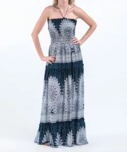 HaremPants.com Marble Mandalas Smocked Bandeau Maxi Dress In Indigo