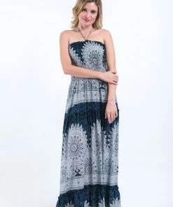 HaremPants.com Marble Mandalas Smocked Bandeau Maxi Dress In Indigo