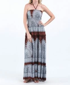 HaremPants.com Marble Mandalas Smocked Bandeau Maxi Dress In Brown