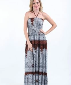 HaremPants.com Marble Mandalas Smocked Bandeau Maxi Dress In Brown
