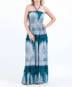 HaremPants.com Women's Marble Mandalas Smocked Bandeau Maxi Dress In Turquoise