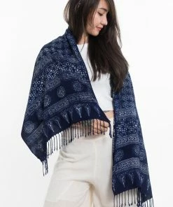 HaremPants.com Flowers Print Hmong Indigo Batik Shawl Scarf Women's