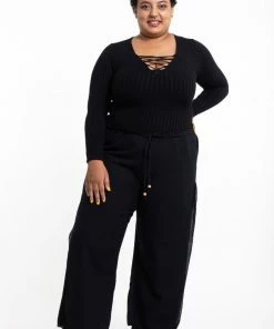 HaremPants.com Plus Size Women's Thai Harem Double Layers Palazzo Pants In Solid Black