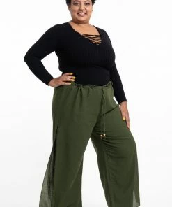 HaremPants.com Plus Size Women's Thai Harem Double Layers Palazzo Pants In Solid Green