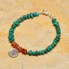 HaremPants.com Handmade Tibetan Turquoise & Carnelian Stones Bracelet With Silver "YingYang" Charm