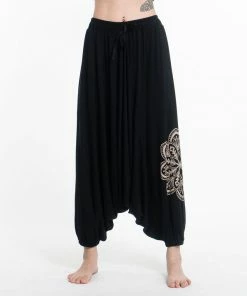 HaremPants.com Mandala Print Drawstring Low Cut Harem Pants Cotton Spandex In Black