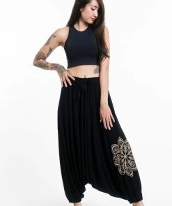 HaremPants.com Mandala Print Drawstring Low Cut Harem Pants Cotton Spandex In Black