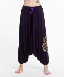 HaremPants.com Women's Mandala Print Drawstring Low Cut Harem Pants Cotton Spandex In Purple