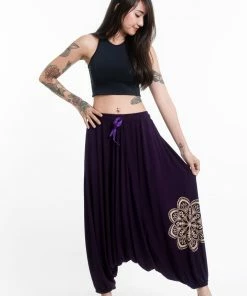 HaremPants.com Women's Mandala Print Drawstring Low Cut Harem Pants Cotton Spandex In Purple