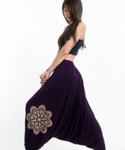 HaremPants.com Women's Mandala Print Drawstring Low Cut Harem Pants Cotton Spandex In Purple