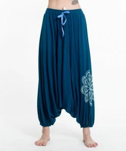HaremPants.com Mandala Print Drawstring Low Cut Harem Pants Cotton Spandex In Turquoise