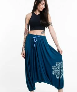 HaremPants.com Mandala Print Drawstring Low Cut Harem Pants Cotton Spandex In Turquoise