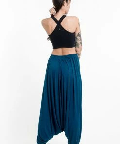 HaremPants.com Women's Sun Moon Print Drawstring Low Cut Harem Pants Cotton Spandex In Turquoise