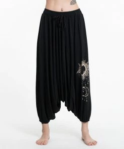 HaremPants.com Women's Sun Moon Print Drawstring Low Cut Harem Pants Cotton Spandex In Black