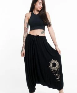 HaremPants.com Women's Sun Moon Print Drawstring Low Cut Harem Pants Cotton Spandex In Black