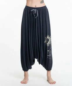 HaremPants.com Sun Moon Print Drawstring Low Cut Harem Pants Cotton Spandex In Gray Women's