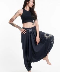 HaremPants.com Sun Moon Print Drawstring Low Cut Harem Pants Cotton Spandex In Gray Women's