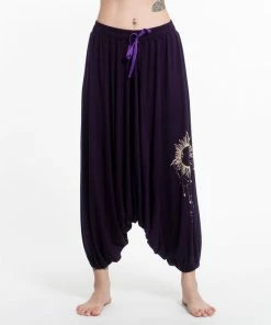 HaremPants.com Sun Moon Print Drawstring Low Cut Harem Pants Cotton Spandex In Purple Women's