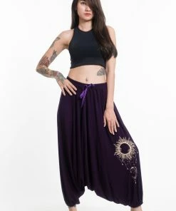 HaremPants.com Sun Moon Print Drawstring Low Cut Harem Pants Cotton Spandex In Purple Women's
